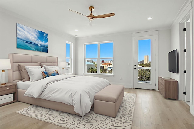162 Casting Lake Rd, Miramar Beach, FL 32550 - bedroom with ornamental molding, access to outside, light wood-type flooring, recessed lighting, and ceiling fan
