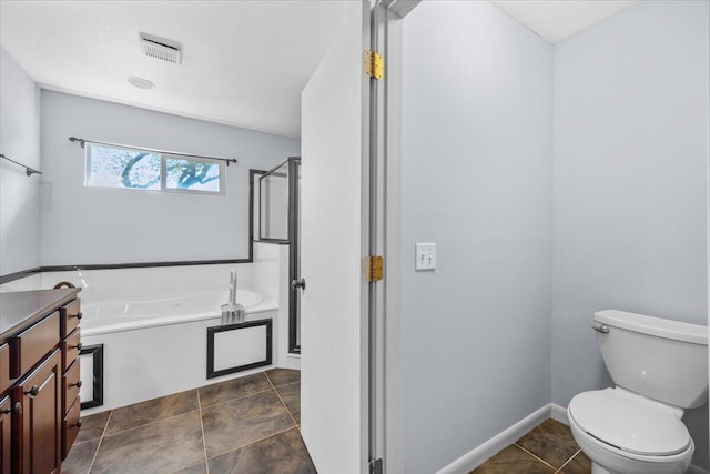 full bath with a bath, baseboards, toilet, and a shower stall