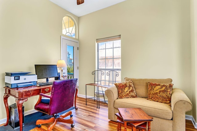 617 E E Gorrie Dr, Saint George Island, FL 32328 - office space featuring baseboards, wood finished floors, and a ceiling fan