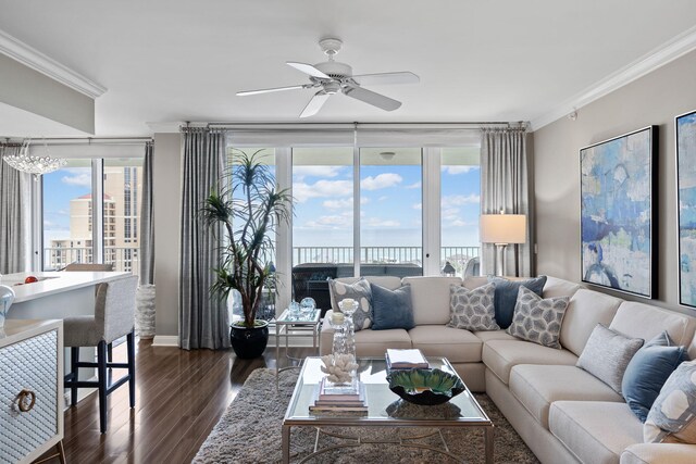 1 Beach Club Dr Unit 1205, Miramar Beach, FL 32550 - living area with ornamental molding, a ceiling fan, dark wood-style floors, and baseboards