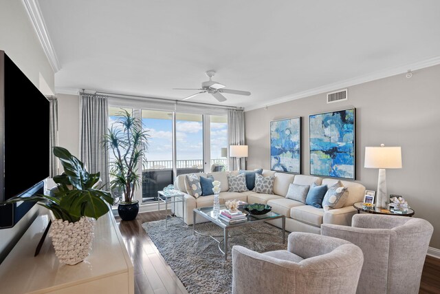 1 Beach Club Dr Unit 1205, Miramar Beach, FL 32550 - living room featuring ceiling fan, dark wood-style flooring, and ornamental molding