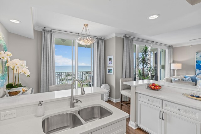 1 Beach Club Dr Unit 1205, Miramar Beach, FL 32550 - kitchen featuring a sink, white cabinetry, light countertops, dark wood-style flooring, and open floor plan