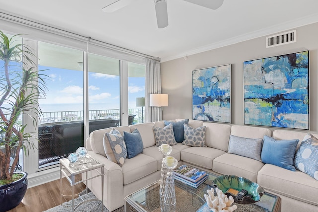 1 Beach Club Dr Unit 1205, Miramar Beach, FL 32550 - living area with wood finished floors, ornamental molding, a ceiling fan, and a water view