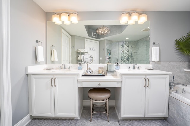 1 Beach Club Dr Unit 1205, Miramar Beach, FL 32550 - full bathroom with a stall shower, double vanity, a chandelier, a bath, and tile patterned flooring