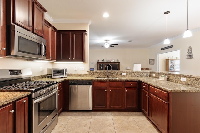 kitchen featuring a ceiling fan, crown molding, a sink, light tile patterned floors, and stainless steel appliances