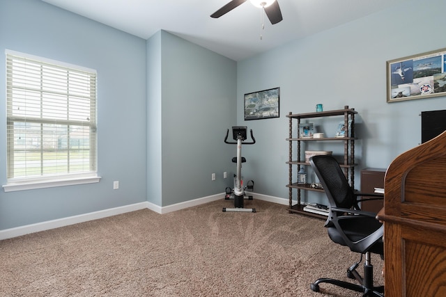 carpeted office with a ceiling fan, baseboards, and a wealth of natural light