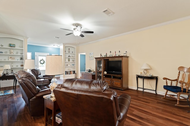 living area featuring dark wood finished floors, a ceiling fan, crown molding, and visible vents