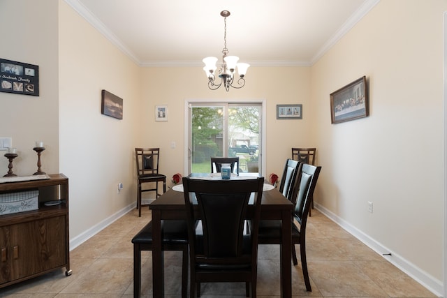 dining area with crown molding, a notable chandelier, and light tile patterned floors