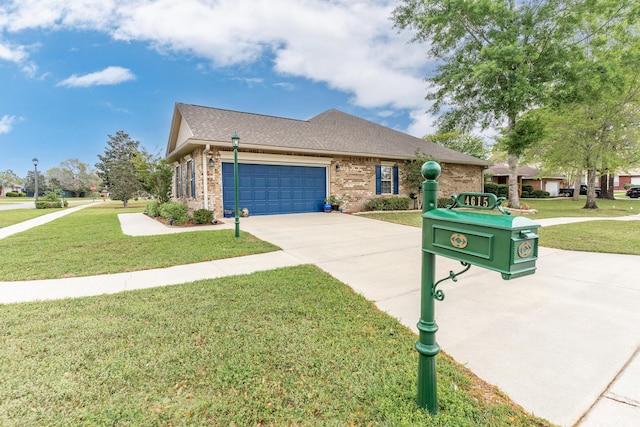 ranch-style house featuring brick siding, driveway, a garage, and a front yard