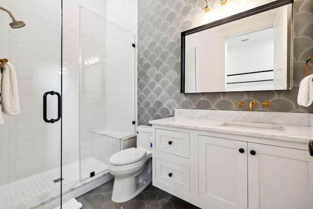 76 Tall Timber Ct, Santa Rosa Beach, FL 32459 - bathroom with a stall shower, tile patterned floors, toilet, and vanity