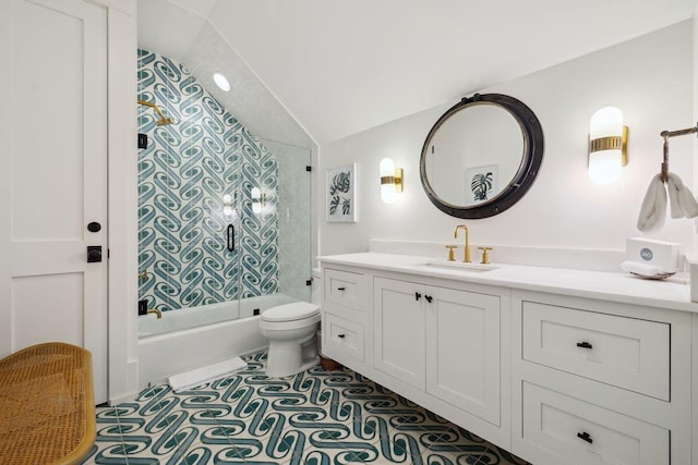 76 Tall Timber Ct, Santa Rosa Beach, FL 32459 - full bath featuring toilet, tile patterned floors, vanity, lofted ceiling, and shower / bathing tub combination