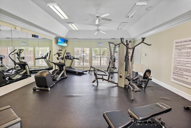 4000 Dancing Cloud Ct Unit 15, Destin, FL 32541 - exercise room featuring crown molding, ceiling fan, a raised ceiling, and baseboards