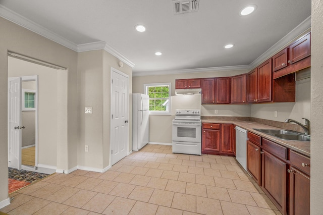 kitchen with a sink, white appliances, crown molding, reddish brown cabinets, and under cabinet range hood