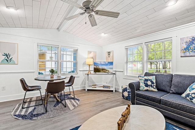 living area with wood finished floors, vaulted ceiling with beams, wood ceiling, and a ceiling fan