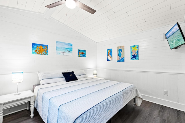 bedroom with dark wood-type flooring, ceiling fan, wood ceiling, and lofted ceiling with beams