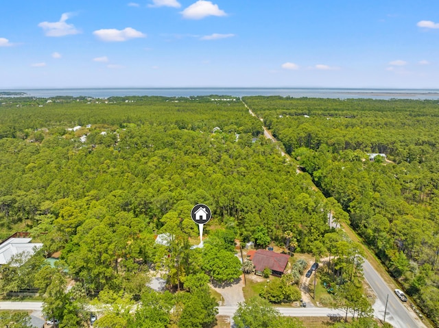 drone / aerial view with a wooded view