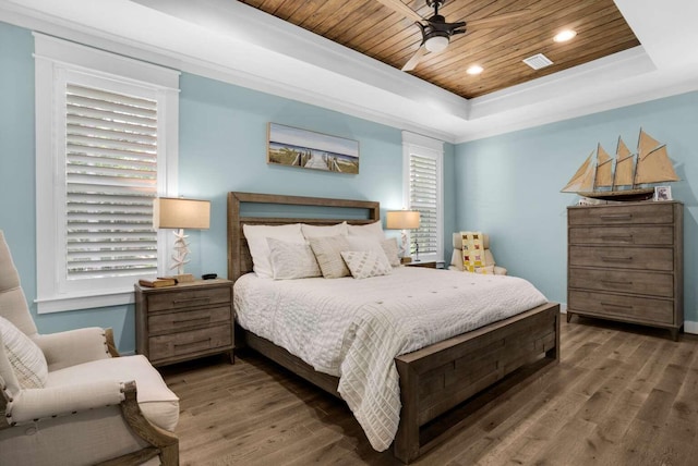 bedroom with a tray ceiling, wood ceiling, wood finished floors, ceiling fan, and recessed lighting