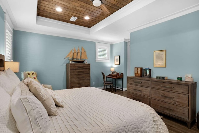 bedroom featuring a tray ceiling, wood ceiling, dark wood-style floors, baseboards, and recessed lighting