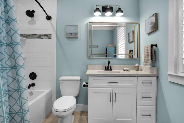 full bath with toilet, vanity, and shower / tub combo with curtain