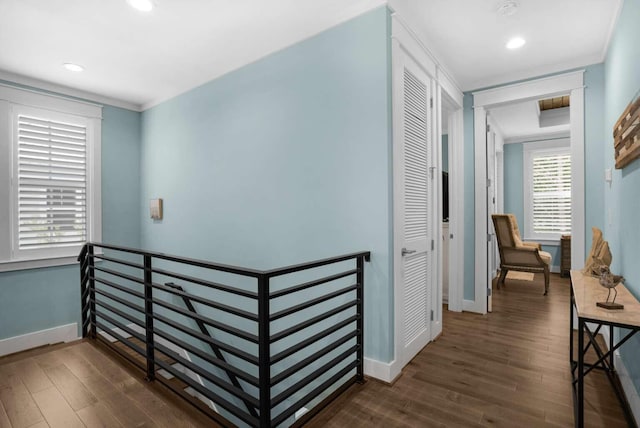 161 Lakewood Dr, Santa Rosa Beach, FL 32459 - corridor featuring an upstairs landing, baseboards, dark wood finished floors, recessed lighting, and crown molding