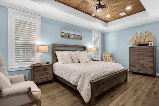 161 Lakewood Dr, Santa Rosa Beach, FL 32459 - bedroom with a tray ceiling, wooden ceiling, wood finished floors, ceiling fan, and recessed lighting