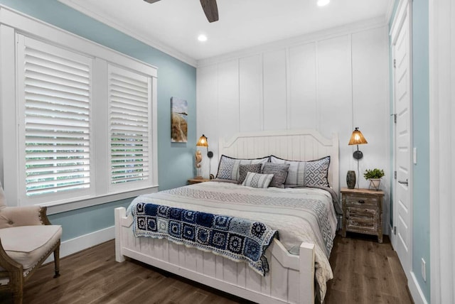 161 Lakewood Dr, Santa Rosa Beach, FL 32459 - bedroom featuring ornamental molding, wood finished floors, baseboards, recessed lighting, and ceiling fan