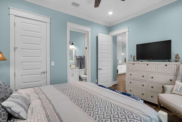 161 Lakewood Dr, Santa Rosa Beach, FL 32459 - bedroom with ornamental molding, wood finished floors, ensuite bathroom, recessed lighting, and a ceiling fan