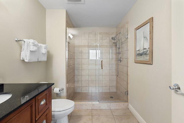 16701 Front Beach Rd Unit 1203, Panama City Beach, FL 32413 - bathroom with vanity, baseboards, a stall shower, tile patterned floors, and toilet