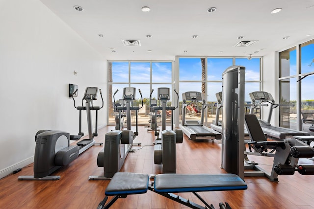 16701 Front Beach Rd Unit 1203, Panama City Beach, FL 32413 - gym featuring wood finished floors, visible vents, and expansive windows