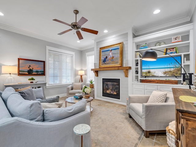 384 Carson Oaks Ln, Santa Rosa Beach, FL 32459 - living room featuring crown molding, baseboards, a fireplace, recessed lighting, and a ceiling fan