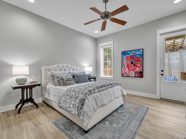 384 Carson Oaks Ln, Santa Rosa Beach, FL 32459 - bedroom featuring baseboards, light wood-style flooring, recessed lighting, and a ceiling fan