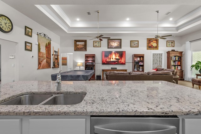 kitchen with a tray ceiling, a ceiling fan, and open floor plan