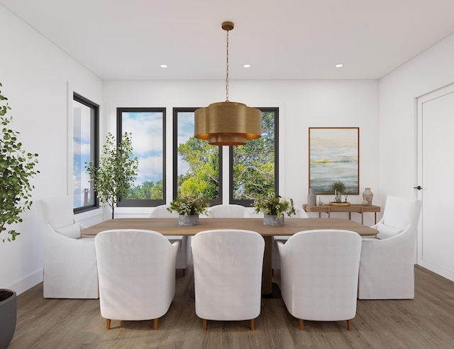 dining room featuring wood finished floors and recessed lighting