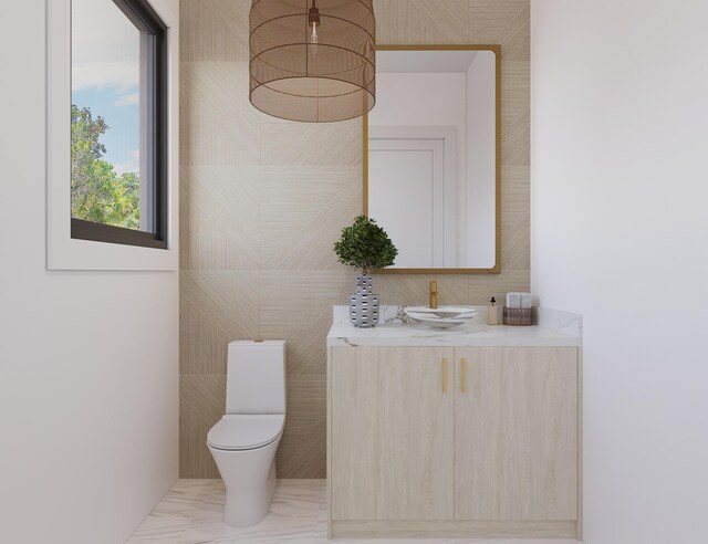 bathroom featuring toilet, vanity, and tile walls