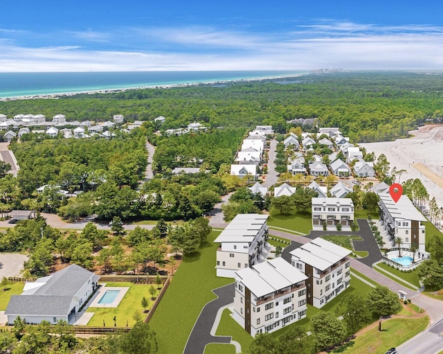 bird's eye view with a water view