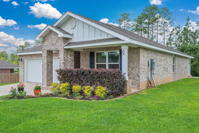 3060 Brandon Dunes Ln, Laurel Hill, FL 32567 - view of front facade with board and batten siding, brick siding, an attached garage, driveway, and roof with shingles