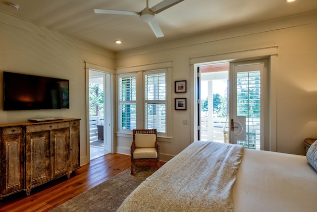 bedroom featuring recessed lighting, dark wood-style flooring, ceiling fan, baseboards, and access to exterior