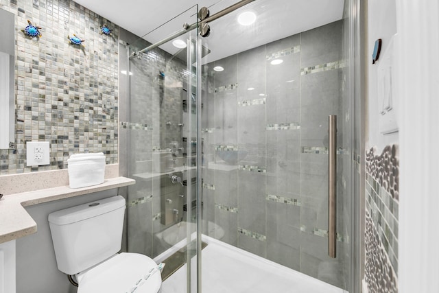 full bathroom featuring a shower stall and toilet