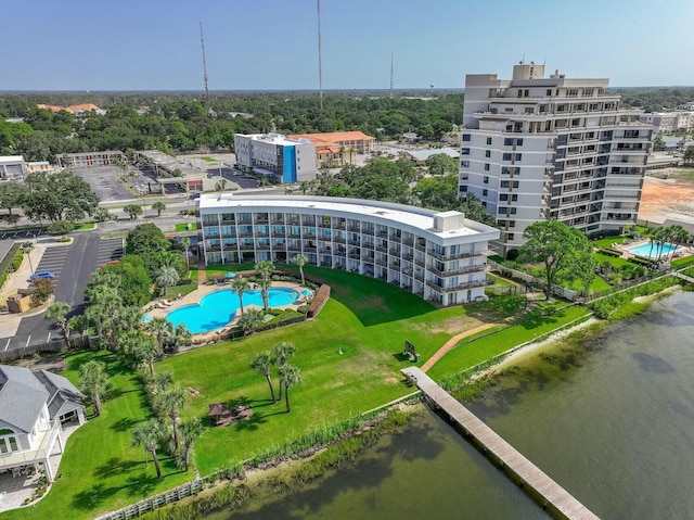 birds eye view of property featuring a water view