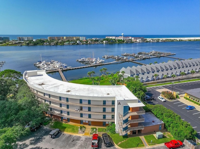 drone / aerial view featuring a water view