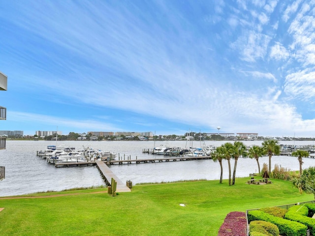 view of dock with a water view and a lawn