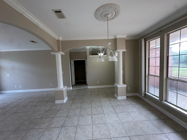 287 Stahlman Ave, Destin, FL 32541 - unfurnished dining area featuring ornamental molding, light tile patterned floors, visible vents, ornate columns, and arched walkways