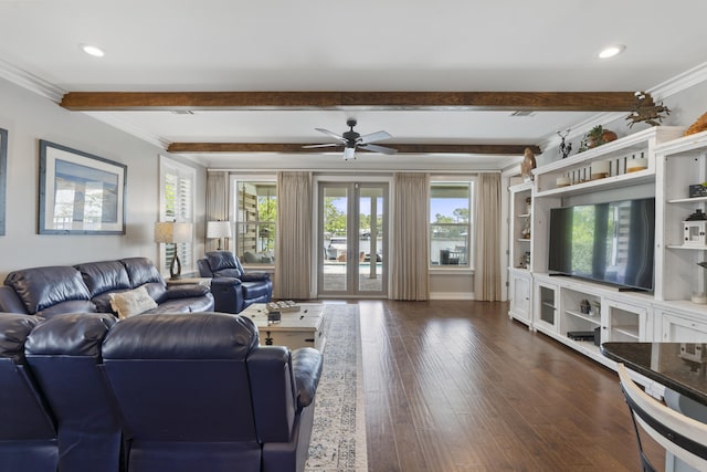 862 Bay Grove Rd, Freeport, FL 32439 - living area with beamed ceiling, crown molding, dark wood-type flooring, and a ceiling fan
