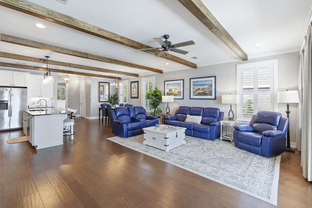 862 Bay Grove Rd, Freeport, FL 32439 - living room featuring a ceiling fan, dark wood finished floors, baseboards, beam ceiling, and recessed lighting