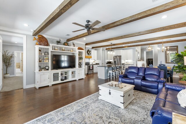 862 Bay Grove Rd, Freeport, FL 32439 - living area featuring a ceiling fan, beam ceiling, dark wood-type flooring, and recessed lighting