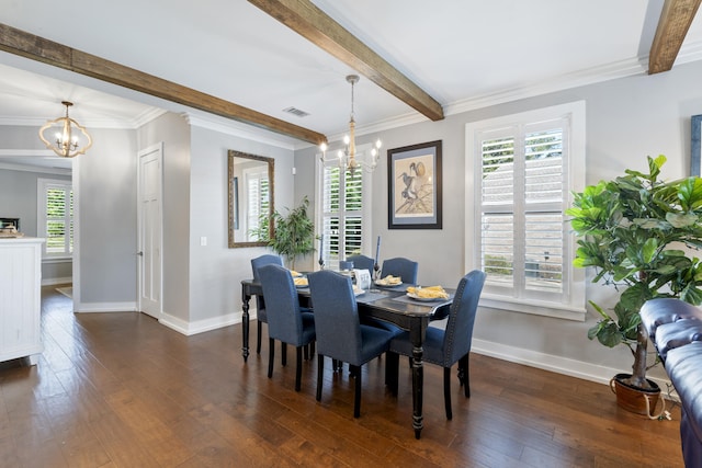 862 Bay Grove Rd, Freeport, FL 32439 - dining space featuring baseboards, a notable chandelier, dark wood-type flooring, and beamed ceiling