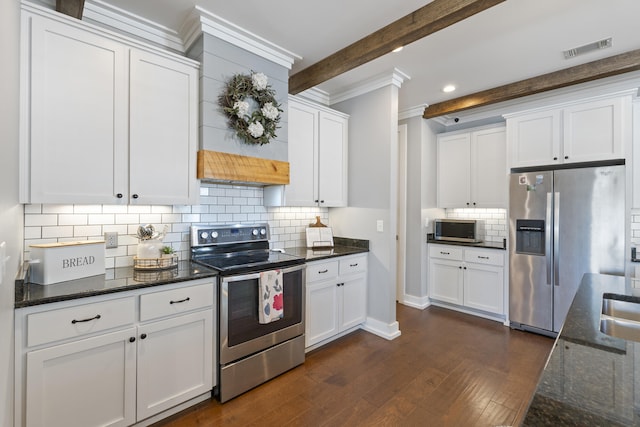 862 Bay Grove Rd, Freeport, FL 32439 - kitchen featuring crown molding, dark wood finished floors, appliances with stainless steel finishes, beam ceiling, and visible vents