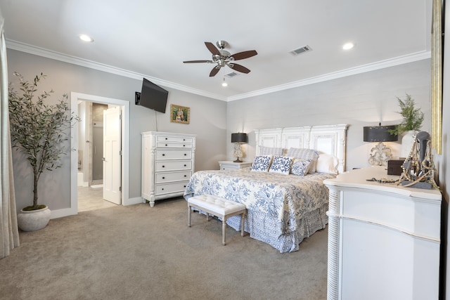 862 Bay Grove Rd, Freeport, FL 32439 - bedroom with crown molding, light colored carpet, baseboards, visible vents, and recessed lighting