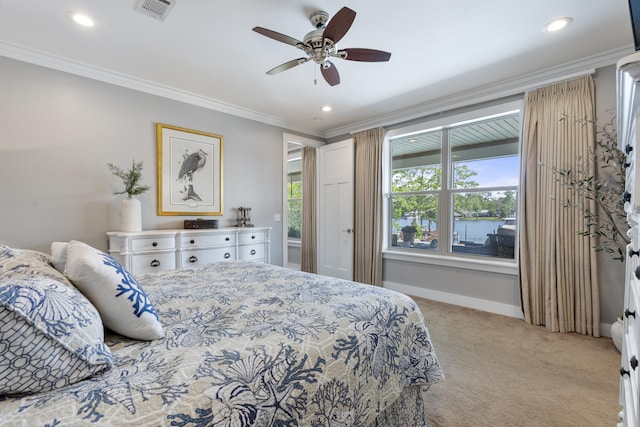 862 Bay Grove Rd, Freeport, FL 32439 - bedroom with recessed lighting, visible vents, crown molding, baseboards, and light colored carpet