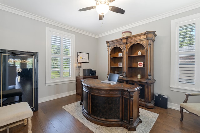862 Bay Grove Rd, Freeport, FL 32439 - office featuring a ceiling fan, baseboards, ornamental molding, and dark wood finished floors